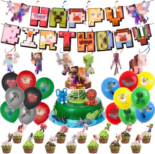 55 Piezas Decoración Cumpleaños, Juego de Decoraciones para Fiesta de Cumpleaños con Pancarta de Happy Birthday, Adornos para Cupcakes, Globos, Espiral Suspendidas, Adornos para Fiestas Niños