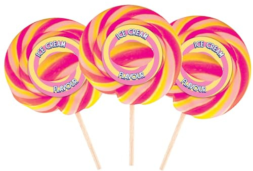 Variety Flavours Wheel Lollipops 75g – Traditional Bubblegum, Rainbow, Blue Raspberry, Berry Burst, Strawberry & Cream, Ice Cream & Candy Floss (10 x Lollies, Ice Cream)