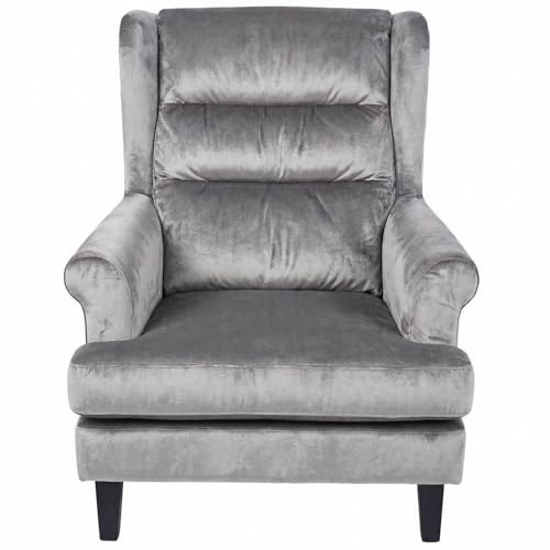 FWStyle Loretta Grey Velvet Ribbed Back Cushioned Armchair – Upholstered Lounge Chair with Plush Seat and Armrests for Living Room, Bedroom, or Home Office