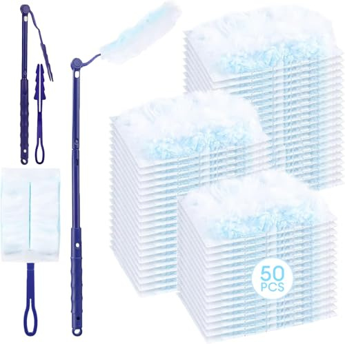 50 Pcs Flash Dust Magnet, Dust Magnet, Dust Magnet, Flash Dust Magnet Long Handle Flash Dust Magnet Starter Kit, For Blinds, Car Dashboard, Keyboard (Blue)