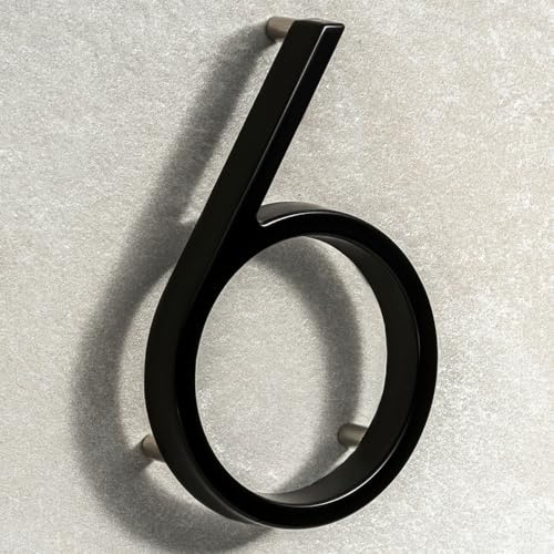House Signs Direct Floating 3D Metal House Number, 5 Inch, Black, Number 6 | Weatherproof 5-inch floating door number with waterproof finish and easy-install spacers, zinc alloy finish.