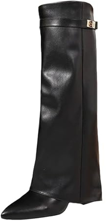 Generisch Stivali sopra il ginocchio da donna, in pelle, pieghevoli, con chiusura lampo laterale, a forma di pecora lunga, con tacchi alti, eleganti scarpe da sera