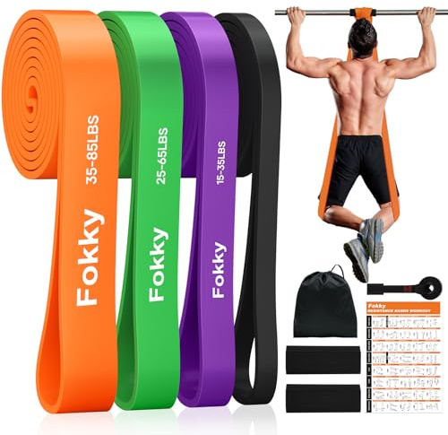 Fokky Fitnessbänder Resistance Bands Set 4 Stufen mit Türanker & Schutzpads | Widerstandsbänder Klimmzug Bänder mit Aufbewahrungstasche. Gymnastikband Pull up Band für Fitness, Muskelaufbau, Kraftraining