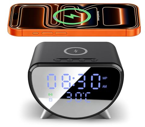Schnelles kabelloses Ladegerät mit Wecker,20W max kabelloses Ladepad für iPhone/Samsung/Pixel/LG,Dimmbares LED Anzeige mit Temperatur,12/24 Stunden Digitaluhr für Schlafzimmer, Büro usw (Schwarze1)