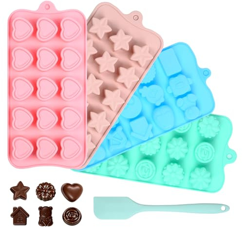 4Stück Schokoladenform Silikon Pralinenform Schokolade Silikonformen | 15 Hohlräume mit Bürste Bunt Herz Rosen Backen Silikonform Pralinen Gummibärchen form BPA-Frei Selber Machen Set Dekoration