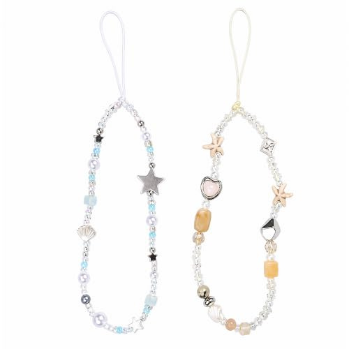Rovelin 2 Pcs Cute Beaded Phone Charm Strap, Faux Pearl Ocean Shape Digital Camera Wrist Lanyard, Universal for iPhone, Anti Loss Handstrap Bracelet Accessories for Women Girls Keychain Bag