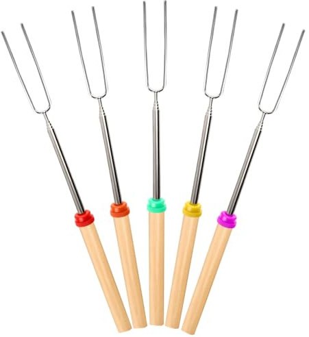 Ajmyonsp Lot de 5 bâtons à rôtir à la guimauve pour brasero – Brochettes de feu de camp Hot Dog Mashmellow Camping – Fourchettes extensibles de 81,3 cm de long