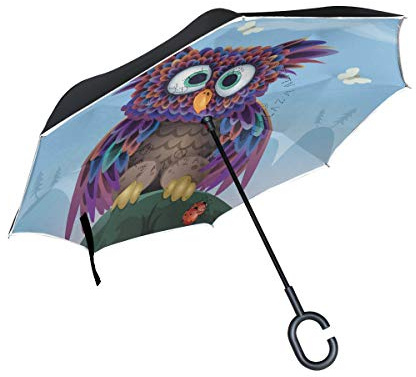 ISAOA Gro?er umgekehrter Regenschirm, doppelschichtig, Winddicht, UV-Schutz, Regenschirm, f¨¹r Auto, Regen, Outdoor, C-f?rmiger Griff, selbststehender Eulen-Vektorschirm