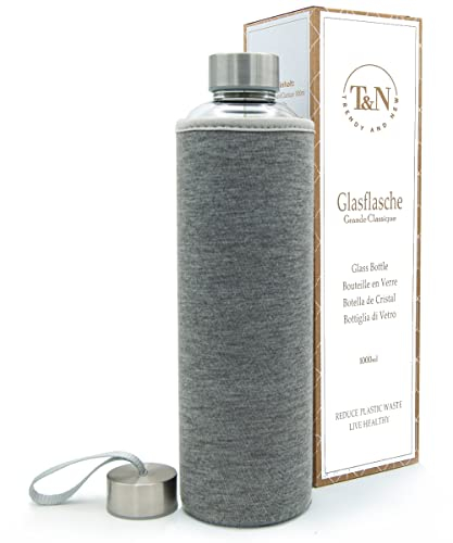 T&N Glasflasche 1 Liter / 750ml / 500ml – Trinkflasche Glas 1l mit Neoprenhülle – Wasserflasche Auslaufsicher – Glastrinkflasche aus dickerem Borosilikat-Glas für Kohlensäure geeignet
