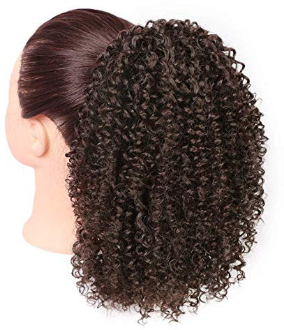 Afro Kinky Perücke lockige Clip Pferdeschwanz Gelockt Welle Haar Perücken mit Kordelzug Haarverlängerunge für African verworrene (Braune) 25cm 120g 009a