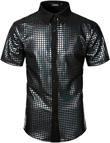 JOGAL Men's Dress Shirt Sequins Button Down Short Sleeve Shirts 70s Disco Party Costume Large Black