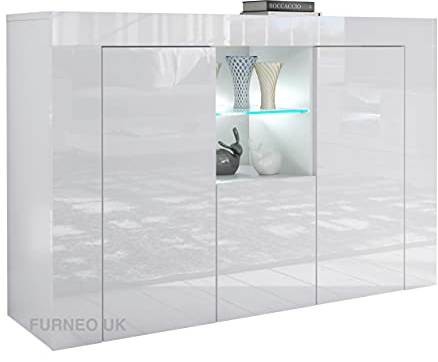 Furneo Matt & High Gloss White Cabinet Cupboard Sideboard Unit Clifton05 White LED Light