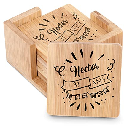 Maverton Set de 6 sous-Verres personnalisés - Bois de Bambou - 7,7 cm x 7,7 cm - pour Une Tasse de café ou thé - Couleur Naturelle - pour Homme - Dessous de Verre imprimés - Ans