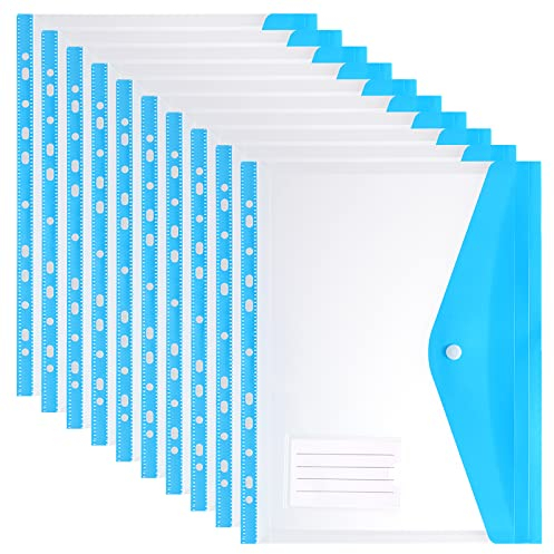 Dokumententasche A4, Blau Klarer Poly Dokumentenmappe A4 mit Etikettentasche und Druckknopf, 11 Loch Dokumenten-Mappen A4 für Organisieren von Dokumenten, 10er Pack