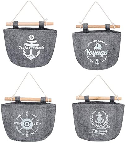 MYSUNBAR 4 Stück Wand Hängeorganizer Wandtaschen Baumwolle Aufbewahrungstasche, Navy Stil Baumwolltasche für Schlafzimmer Büro Badezimmer 21 * 16cm