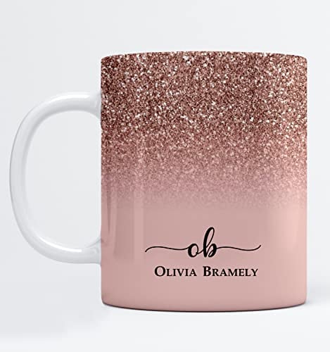 EKAM Personalised Marble Mug Initial with Name - Customised Gift for Mum, Dad, Kids or Girls - Tea Coffee Mug (11oz) (Rose Gold Sparkle)