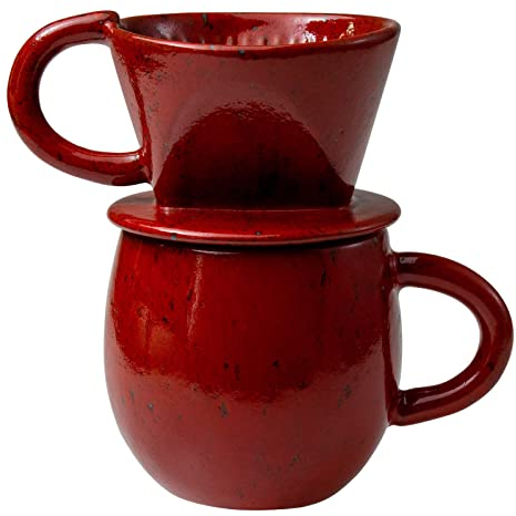 Asayu Japan Ceramic Coffee Pour Over Maker Drippe and Mug Set in Chrome Red, Slow Brewing Paper Filter Holder with 3 Holes for Hot Coffee and Tea - Complete 2PCS Set Made In Japan