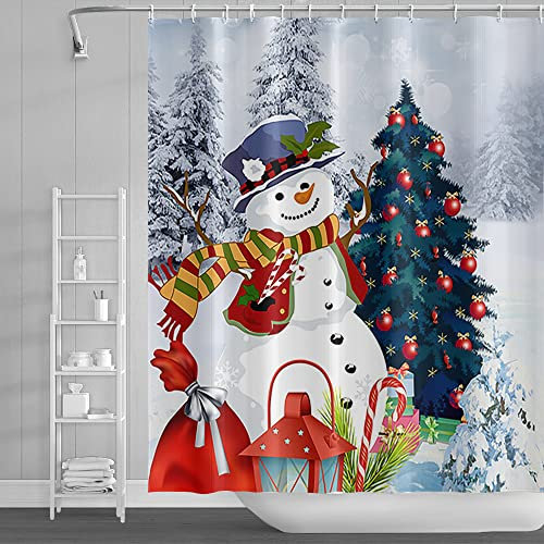 SDOTPMT 105x160cm Buon Natale Tenda da doccia Inverno Carina Pupazzo di neve Natale Albero Sfera Tenda da bagno Fiocco di neve Felice Nuovo anno Tenda da vasca per Bagno Poliestere con ganci