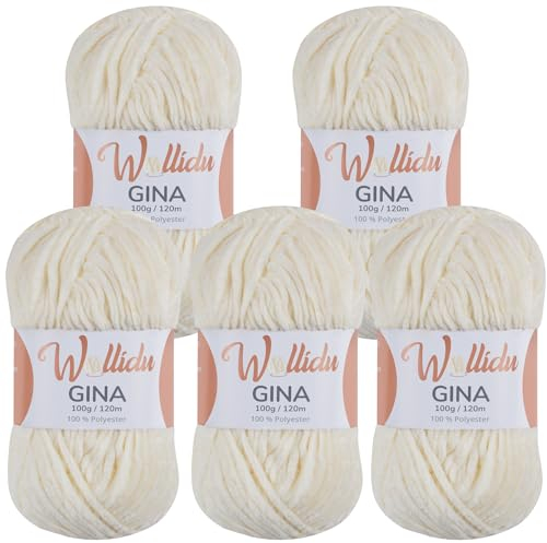 Wollidu Gina Chenille Garn zum Stricken und Häkeln 5 x 100g/120m Set 100% Polyester - Creme