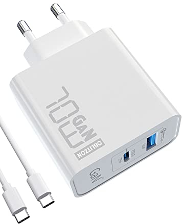 70W USB C Chargeur Rapide, PD GaN Chargeur 2 Ports Adaptateur Type C avec câble 100W pour MacBook Pro/Air, Dell XPS 15, Huawei, iPhone 14/13, iPad Pro, Galaxy S22/S21