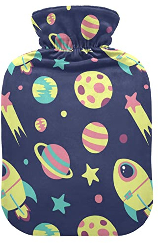 YOUJUNER Hot Water Bottle with Cartoon Rocket Earth Cover 2 Litre Large Hot Water Bag Warm Comfort Hand Feet Warmer