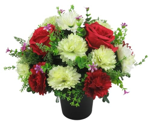 Grave arrangement 26cm (10.5 inches) in grave pot/vase with red roses, and chrysanthemums