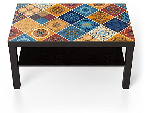 DEQORI Glastisch | schwarz groß 90x50 cm | Motiv Viereckiges Fliesendekor | ausgefallener Beistelltisch aus Glas | Hochglanz Couchtisch fürs Wohnzimmer | moderner Couch Tisch mit Design