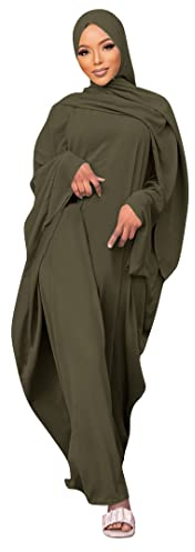 Odizli Gebetskleidung für Frauen Abaya Muslim Damen Muslimische Kleider Gebetskleid Langarm Islamische Namaz Elbisesi Jilbab Khimar Kaftan Ramadan Burka Ganzkörper Lang Robe Olivgrün Haben Hijab F