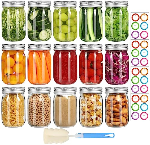 Mcupper Glass Mason Jars 16 oz with Airtight Lids and Bands - 15 Pack Regular Mouth Pint Canning Jars for Pickling, Meal Prep, Overnight Oats, Dry Food & DIY Crafts - Includes 24 Stickers & Brush