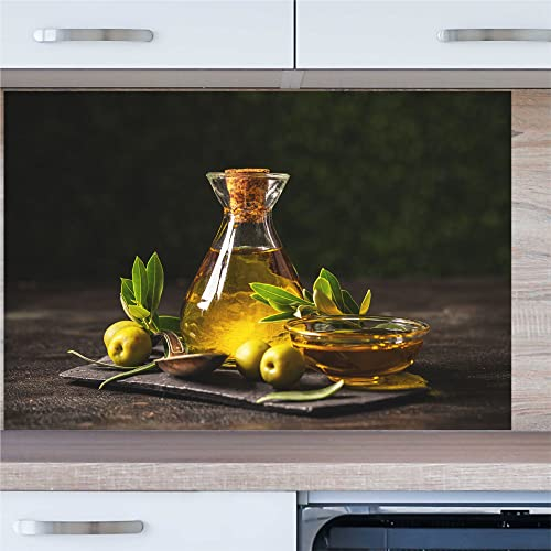 INDIGOS UG Küchenrückwand - Olivenöl - 80x50 cm ESG Echtglas Bedruckt - mit Bild - Motiv - Küche - Rückwand - Glasplatte - Spritzschutz - Herd - Ofen