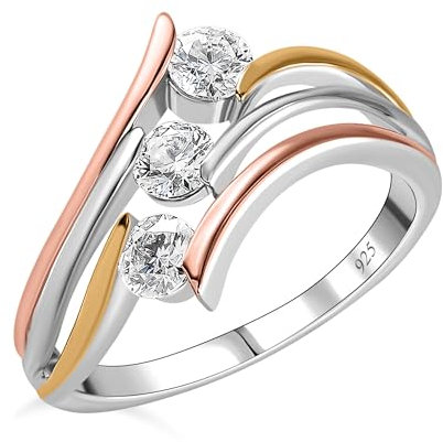 TJC Moissanite Bypass Ring for Women in Platinum Yellow Gold Rose Gold Plated 925 Sterling Silver Size N Metal Wt. 3.54 Grams