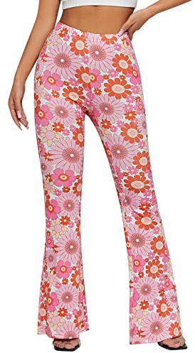 EVELUST Damen 70er Jahre Schlaghose - Hippie Bunte Blumen High Waist Hose Disco Kostüm Abba Outfit Fasching Karneval Festival Rave Pants Flower Power Kleidung Leggings(Pink, XL, 10501w)