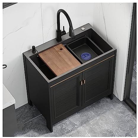 Meuble Évier de Cuisine Exterieur,Evier Multifonction Noir,Evier Inox Professionnel,Evier Buanderie avec Armoire,avec Robinet Rétractable,pour Commercial Restaurants,Salle De Bain,Jardin,Camping Car (