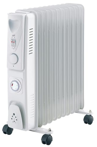 Neo 2500W 11 Fin Electric Oil Filled Radiator 3 Heat Settings Adjustable Thermostat and Timer Home Office (White)