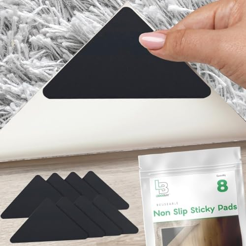 Ledgebay Rug Pad Grippers for Area Rugs - Multi Pack Reusable, No Skid, Washable, Anti-Slip, Rug Pad Gripper for Hardwood Floors and Tile with Double-Sided, Self Adhesive to Keep Area Rugs Flat (8)