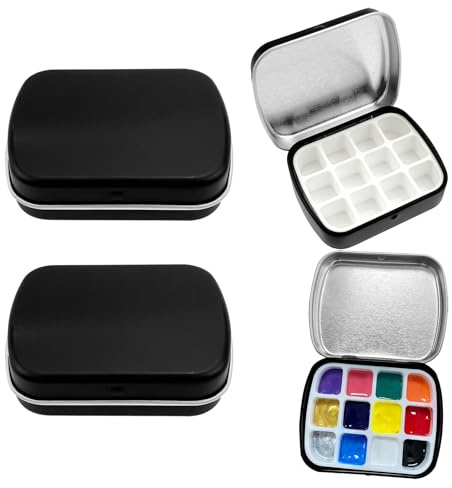2 PCS Watercolour Paint Palette,Metal Mini Empty Watercolor Tin with Lid 12well Portable Paint Palette for Urban and Field Sketching