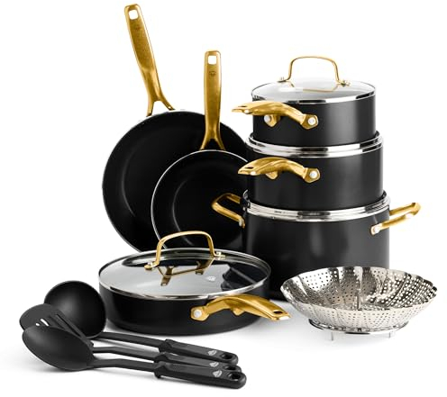 Blue Diamond Ensemble de 14 casseroles et poêles dorées - Compatible avec l'induction - Céramique sans PFOA et PFAS - Antiadhésive - Passe au lave-vaisselle - Poignée dorée - Noir
