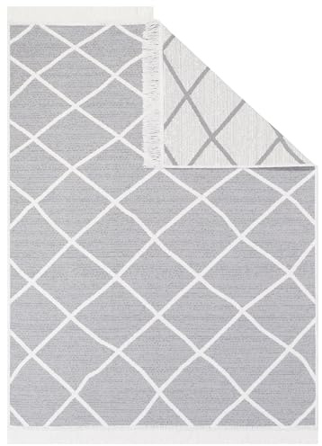 TAPISO Azteca Teppich Kurzflor mit Fransen Baumwolle Grau Creme Waschbar Beidseitig Anwendbar Modern Gittermuster Wohnzimmer Schlafzimmer Küche ÖKOTEX 80 x 200 cm