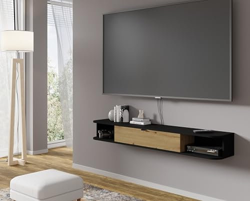 Homlando Icarus - Meuble TV suspendu - 156 cm - Meuble TV mural - Meuble bas moderne pour salon (noir mat/chêne artisanal)