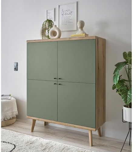 Lomadox Wohnzimmer Esszimmer Anrichte Highboard in Eiche mit grün Modern