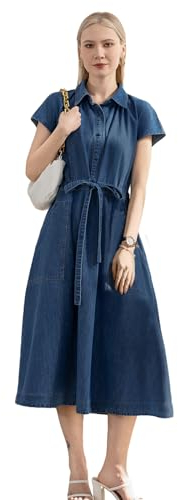Jeanskleid Damen Sommer Kurzarm Blusenkleid Elegantes A-Linie Hemdkleid Sommerkleid mit Taschen Knopfleiste Tiefblau L
