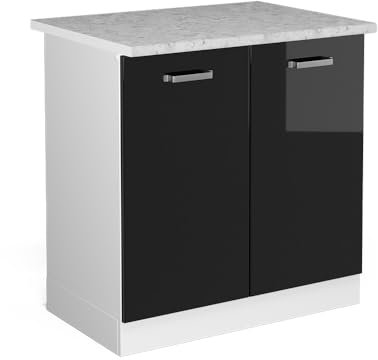 Vicco mobile lavello cucina R-line, Nero lucido/Bianco, 80 cm, PL Marmo