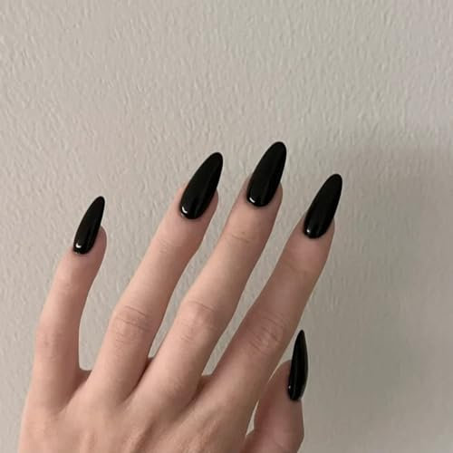 24 Pcs Classy Black Almond Short False Nails,French Oval Medium Stick on Nails for Women and Teens Nails Art,Solid Press on Nails…
