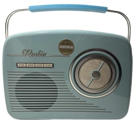 eBoutik - Vintage Biscuit Tin Gift With Xmas Scottish Shortbread, Portable Radio Design, Retro 1960s 70's Style - Novelty Present for Birthdays, Christmas etc (Blue)