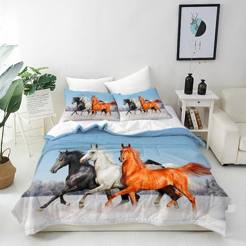 ANHOPE Pferd Bettwäsche Set 3 Teilig Tier Pferd Herde Bettbezug 155x220 cm + 2 Kissenbezug 80x80 cm Weich Microfaser Bettbezüge mit Reißverschluss Ganzjahres Bettdeckenbezug Set
