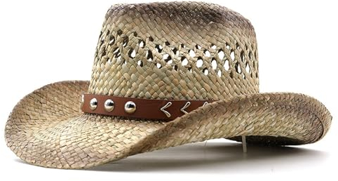 Sombrero de Cowboy de Paja para Hombre Mujer, Western Cowgirl Hat Gorros de Vaquero Panamá con Banda Occidental, Gorras de Sol Verano Sombrero de Playa (FR/ES, Letras, Talla única, Marrón)