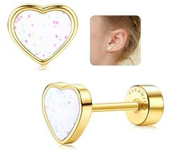 LOLIAS 20G Titanium Heart Love Earrings for Girls Women 14K Gold Plated Cute Tiny Sequins Studs Hypoallergenic Earrings for Girls Cartilage Tragus Screw Back Earrings for Sensitive Ear Piercing