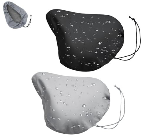 Bekecidi 2er-Pack Fahrradsitz-Schutzschild Beständiger Fahrradsattelbezug mit Gummizug Wasserdichter Fahrradsitzbezug mit Kordelzug für Reisen und Ausflüge (Schwarz, Grau)