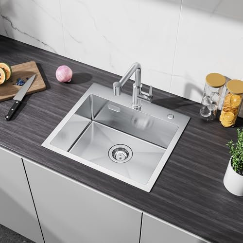 CECIPA 50x45 cm Fregadero sobre Encimera in Acero Inoxidable, Fregadero Cocina 1 Seno para Mueble de 50cm o Más, Fregadero Inox con Sifón, Rebosadero