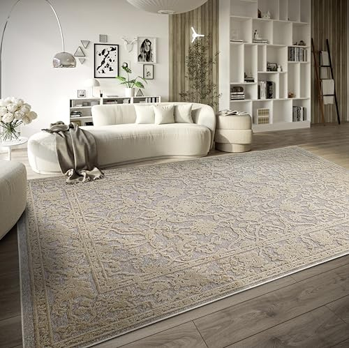 Villeroy & Boch Kurzflor Teppich Ambroise – Moderner Wohnzimmerteppich, Hoch-Tief Effekt, Modernes Muster für Wohnzimmer, Schlafzimmer, Esszimmer – Natur Grau Beige, 200x290cm